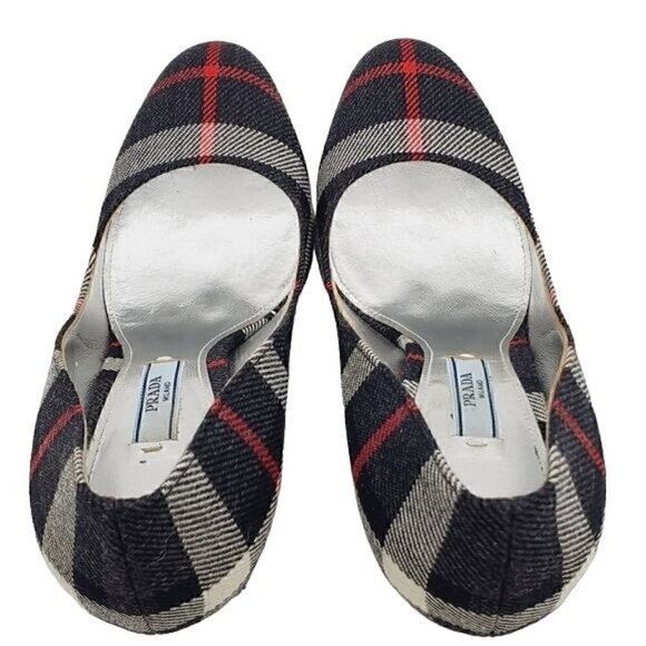 Prada Anthrocite Tartan Platform Heels, Prada Plaid Heels, Prada Heels - Picture 6 of 8